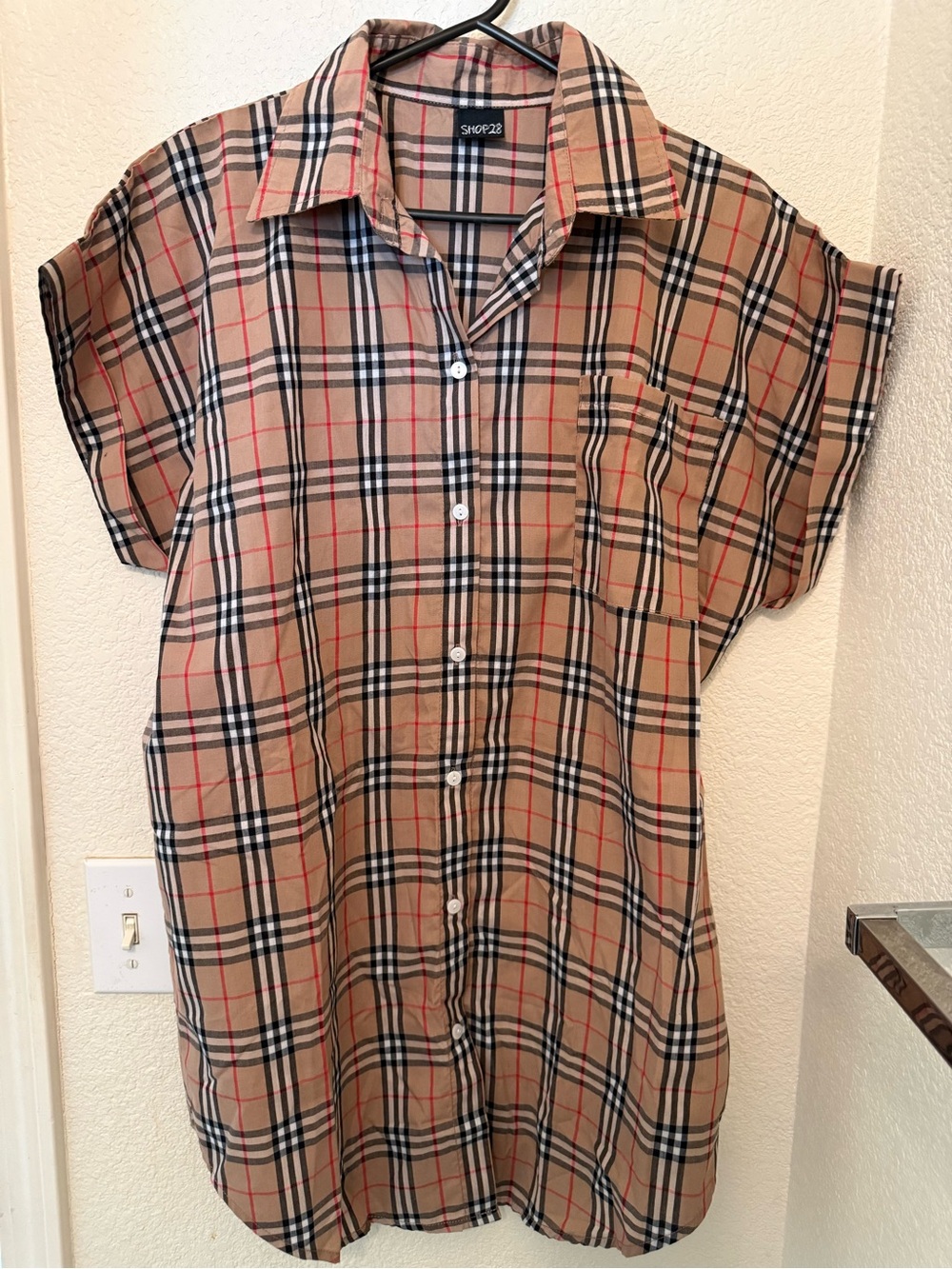 Tan Plaid Short Sleeve Button-Down Shirt